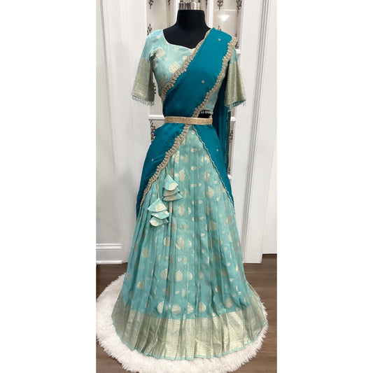 Gorgeous Blue Tissue silk half saree  with pure chinon cutwork dupatta Size available in 36,38.