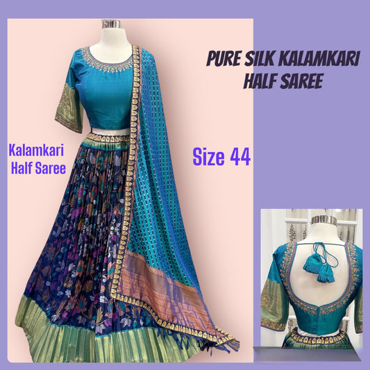 Pure Silk Kalamkari Langa Voni Half Saree  with Maggam work blouse for  Grand Wedding Wear or Half Saree function. Half Saree size 44
