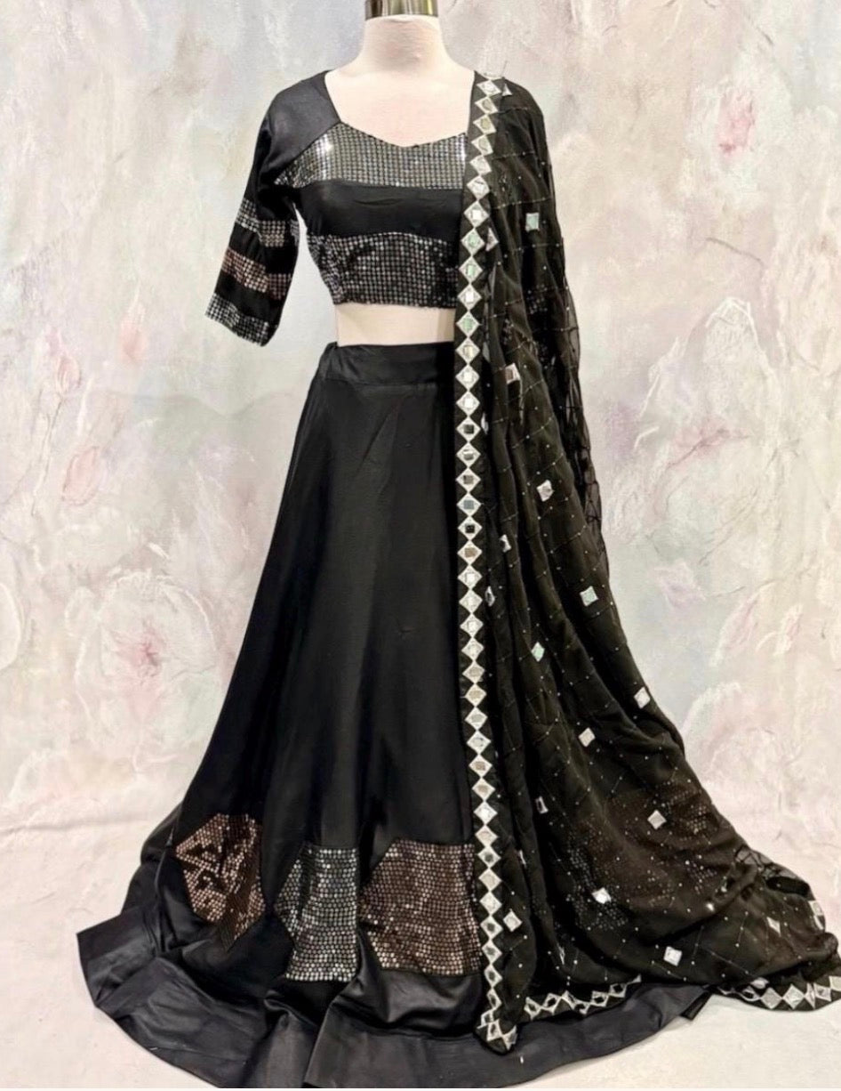 Elegant Black Sequnce work  Chaniya Choli size 40 patch work style flair lehanga size 38-40 Chaniya 8-10 mtr real mirror work dupatta