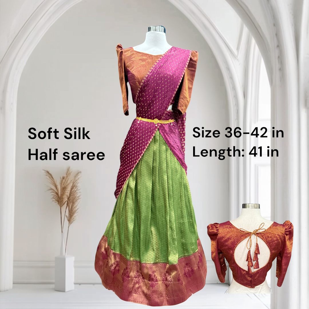 Gorgeous soft silk Half saree with butti hands in  rust magenta and green color combo stitched blouse size 36-42