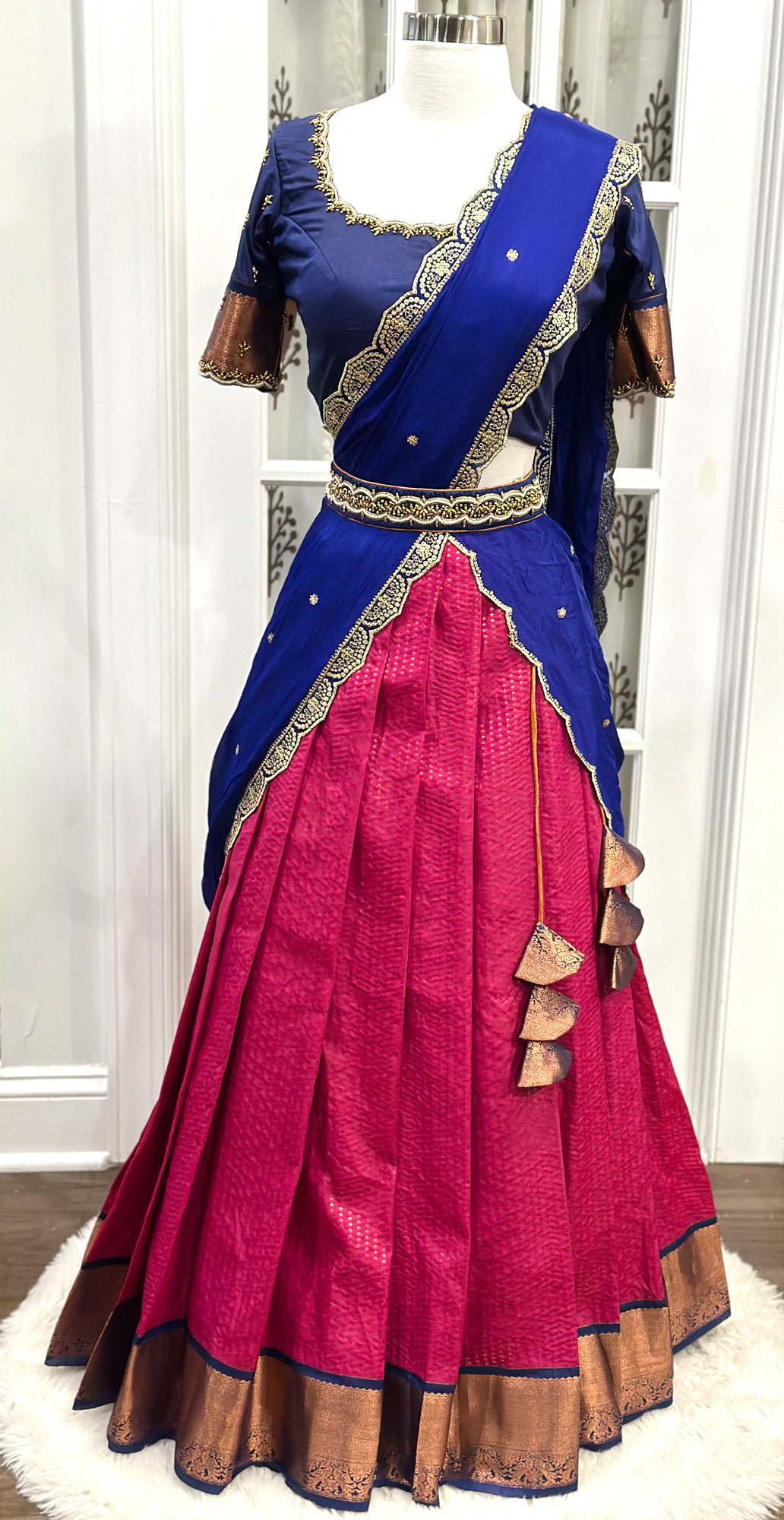 Traditional Kanchi Half saree for teens /adults with Maggam work blouse and waist belt in elegant combo of blue and fuschia pink size 36