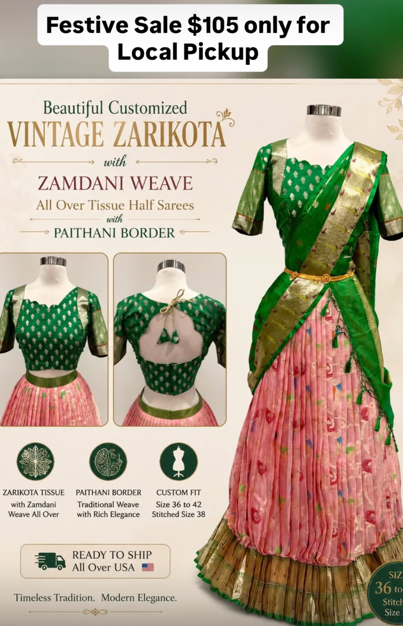 Introducing our latest Beautiful Customized Vintage Zarikota Half Saree 💗💚 
📏 Size: 36–42 🪡 Stitched Size: 38 📦 Ready to Ship Across USA 🇺🇸