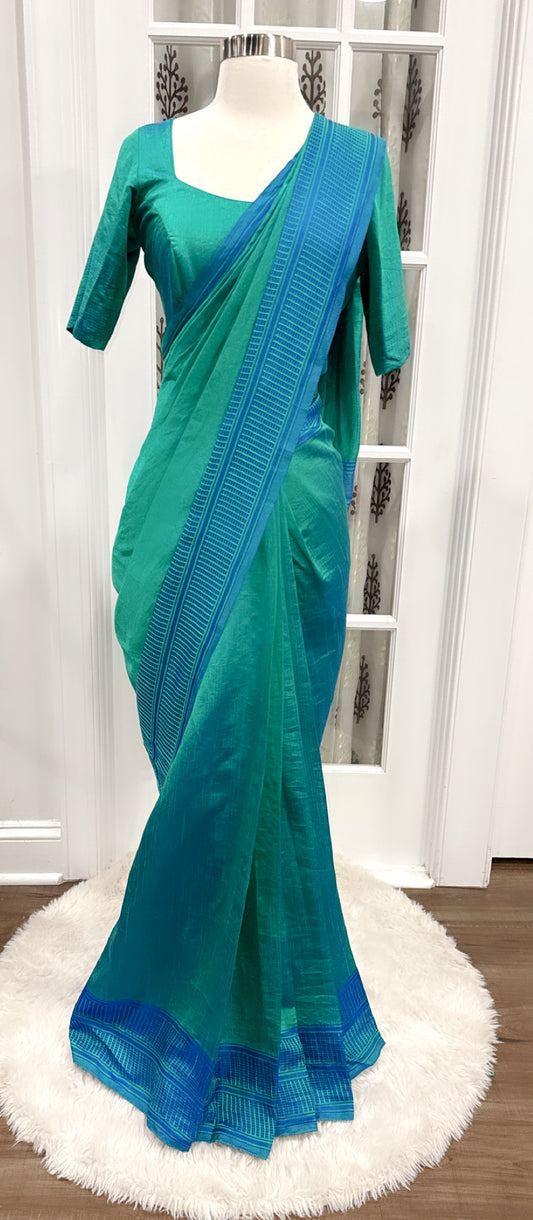 Elegant peacock green Silk Saree with Stitched blouse size 38 plus 4 inch margin ready to ship