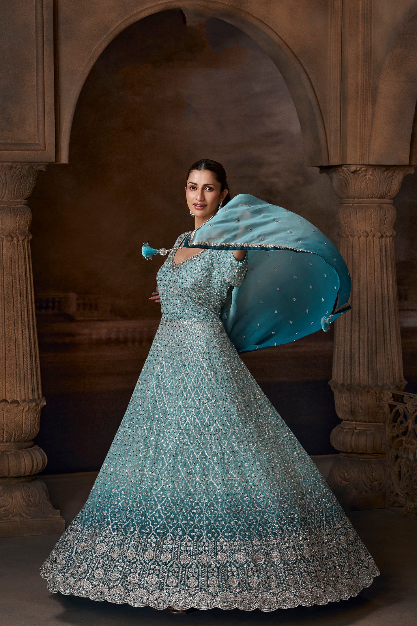 Beautiful Ombre Sea Blue Anarkali Gown | Partywear wedding| premium quality  Georgette, Zari Mirror Sequin Work, size : xxl 44 ready to ship in USA