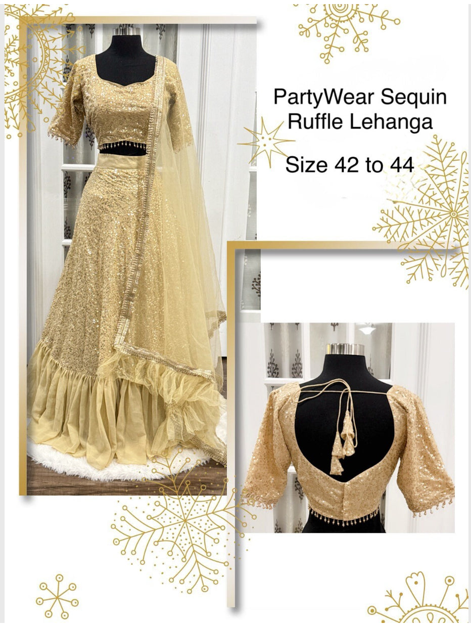 Beautiful gold Sequin Ruffle Style Resham Sequence Embroidered Lehenga
Champagne gold color scheme
Design: Ruffle Style with Resham Sequence Embroidery
Fabric: Georgette
Stitching: Fully Stitched
Size: 42
Lehenga Length: 42 inches
Occasion: