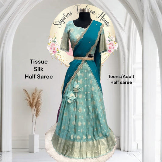 Gorgeous Blue Tissue silk half saree  with pure chinon cutwork dupatta Size available in 36,38.