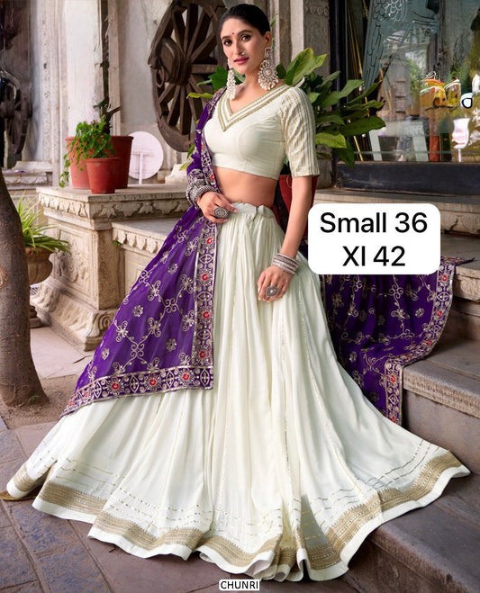 Gorgeous Pure Rayon Lehanga choli in white color color with purple color Georgette dupatta size small 36 and XL 42 ready to ship USA