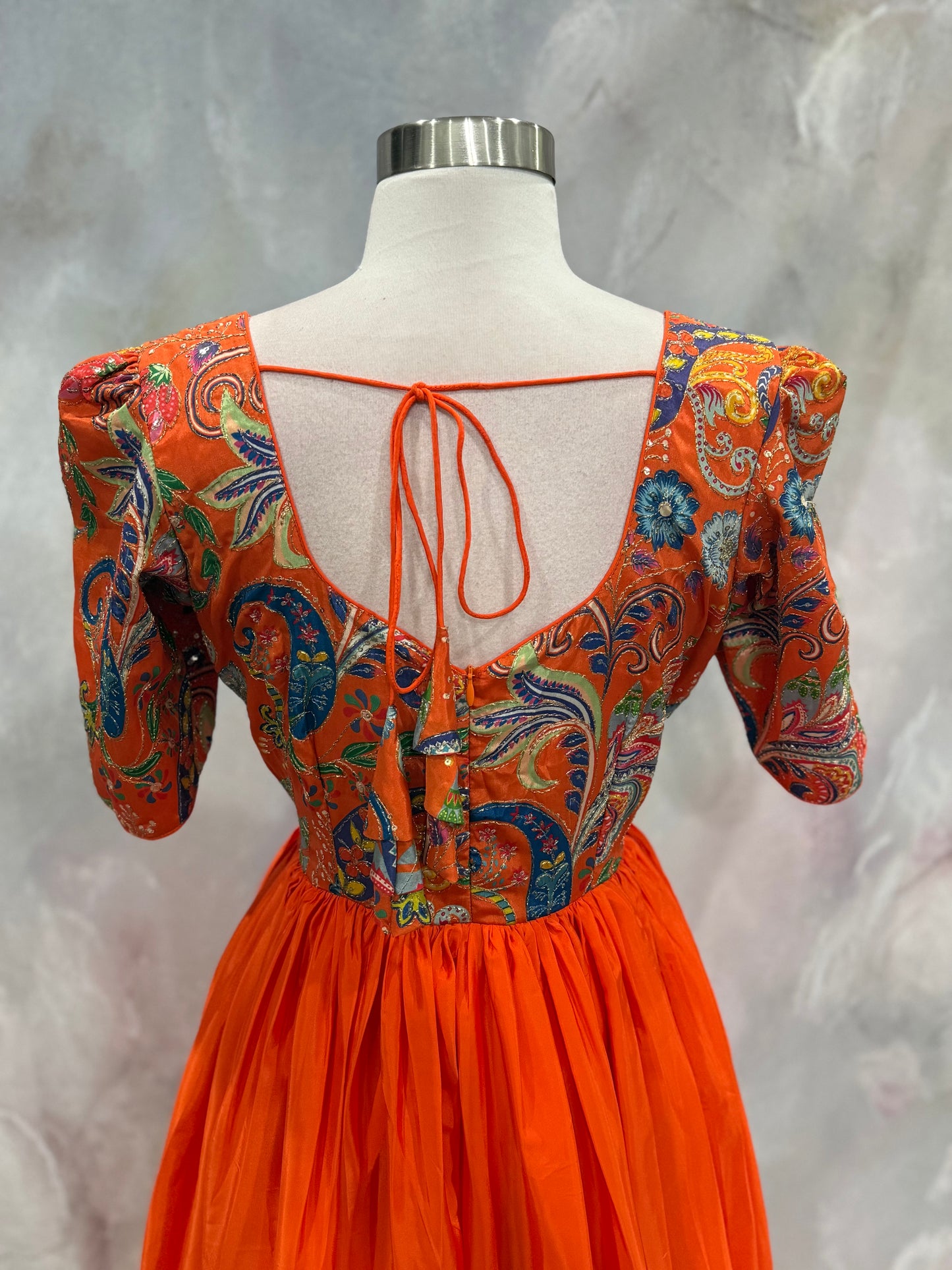 Customized crepe bright orange Partywear gown with Position print sequence work in yoke flowy gown size 40 length 55 in ready to ship USA