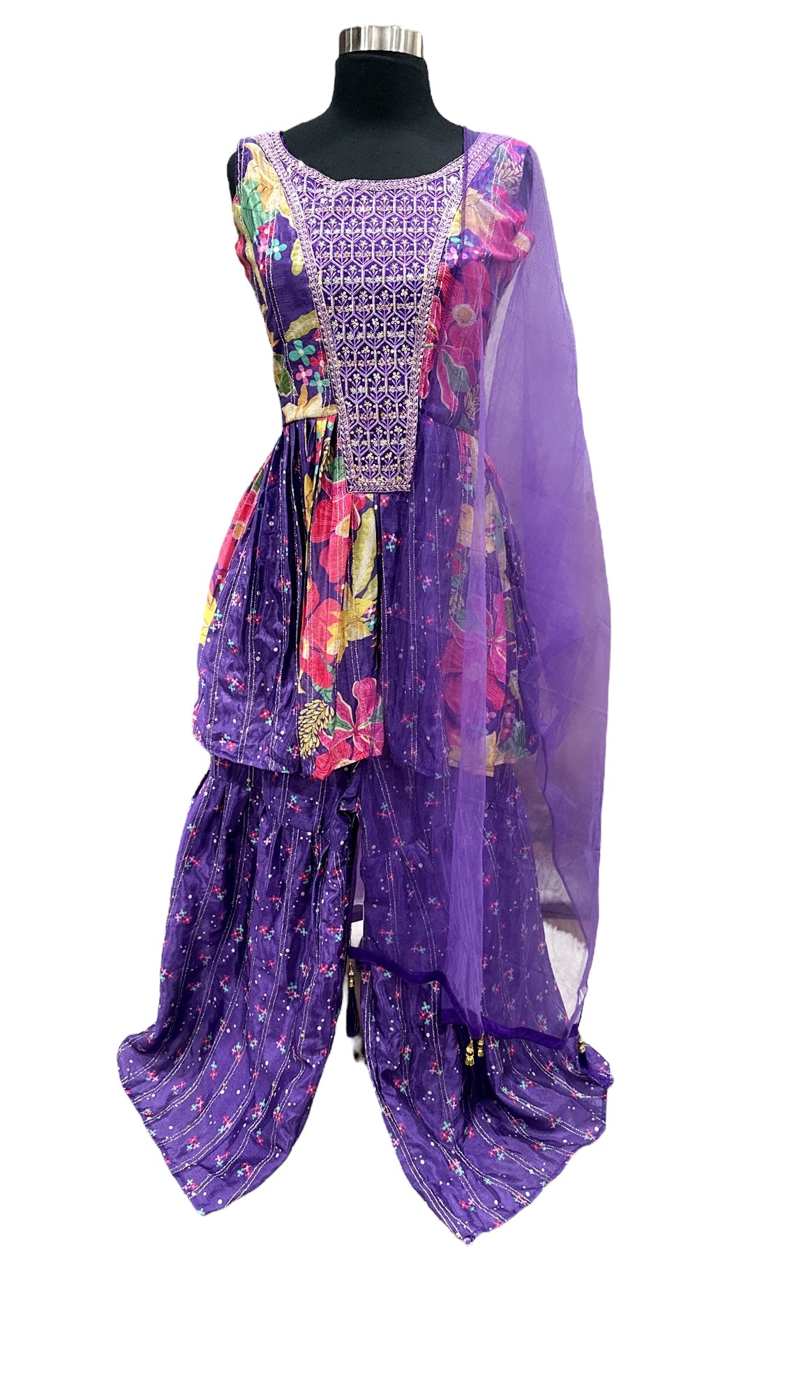 Purple Floral Print Peplum Sharara suit set in Chinon silk size 36/38.