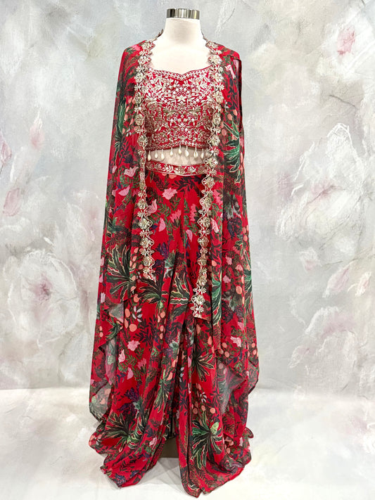 Effortlessly Chic IndoWestern dreamy  floral georgette palazzo paired with raw silk top sequence work and bead embellishments size 36/38