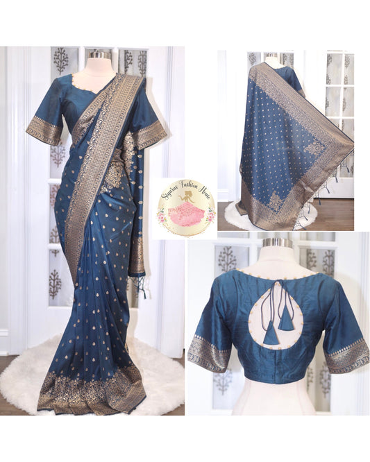 Elegant Banarasi Silk Saree with Self-Weave design Border and Buttis comes with Stitched Blouse