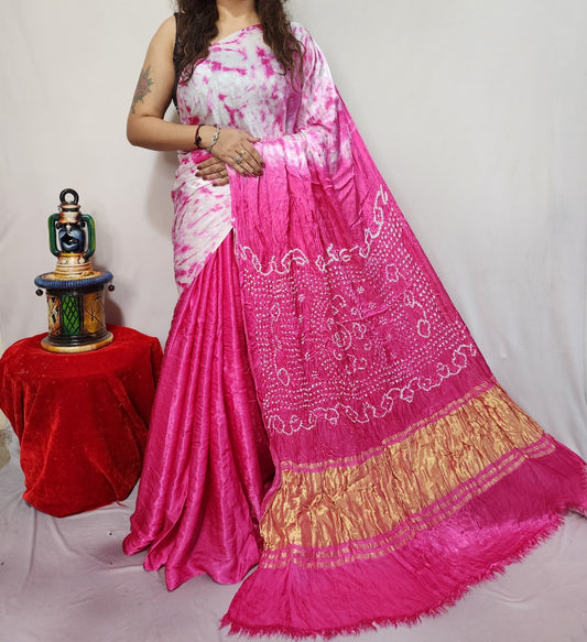 Pink Traditional Kanchi Chetah Work Modal Silk Saree - Barik Bandhej, Tissue Pallu, Organic Colors - Women's Silk Saree Size 40