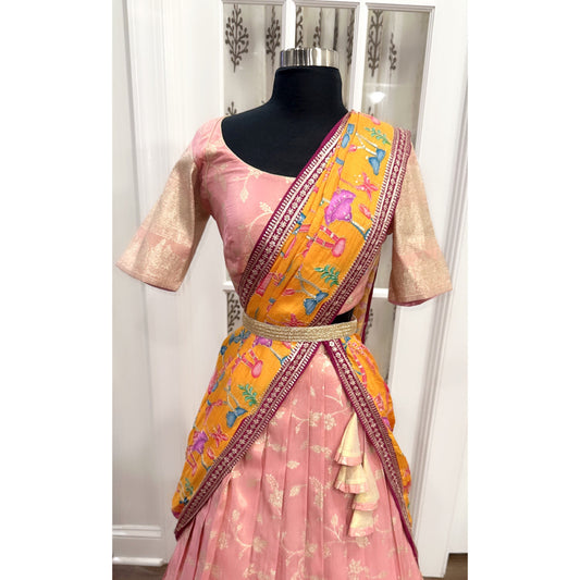 Beautiful Tissue silk half saree  with kalamkari Dupatta / Lehenga in this beautiful combo pink and yellow. Size available in 36,38 .