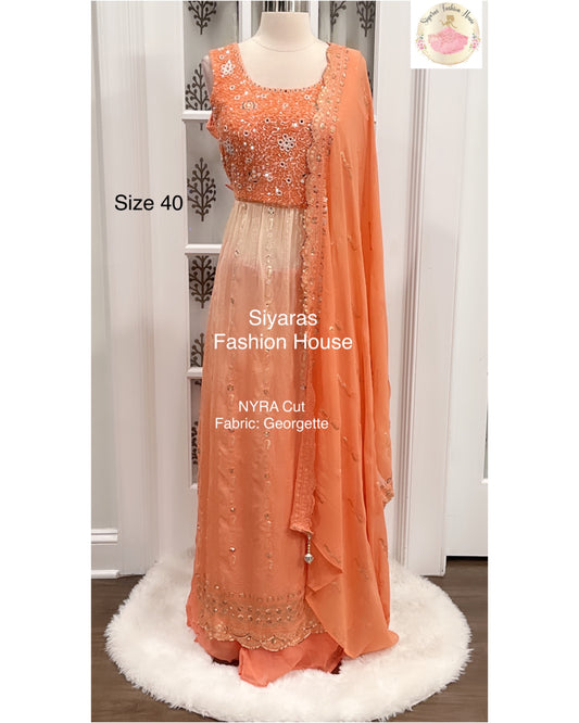 Beautiful Partywear Dual shade orange NYRA cut work top with palazzo pants and sequence Dupatta size 40
