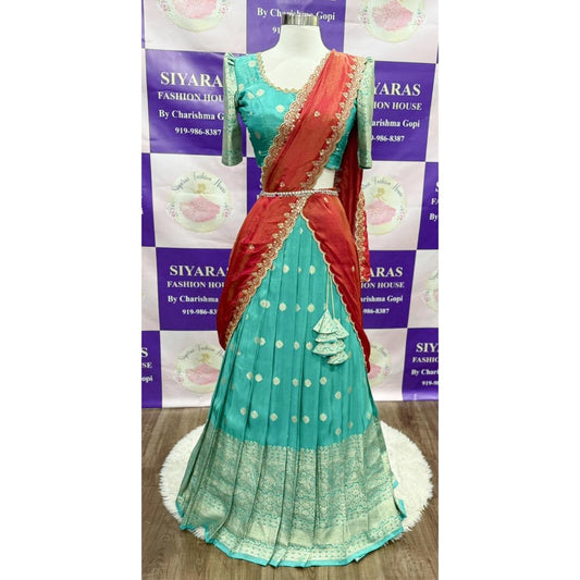 Gorgeous Customized Tissue Half Sarees with Maggam work/Hand work blouse for Teens/Adults. Available in size 34 to 38