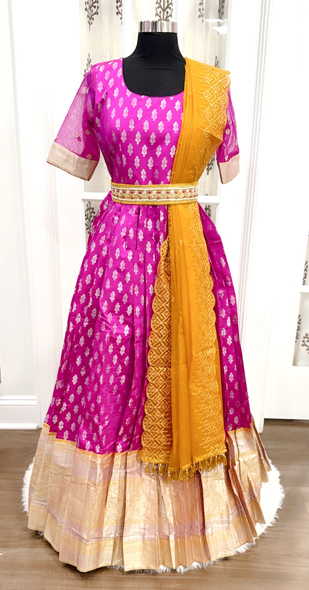 Stunning Fuchsia Silver Zari Pattu Dress in Banarasi elegance boasting premium silk fabric intricately woven with silver zari
