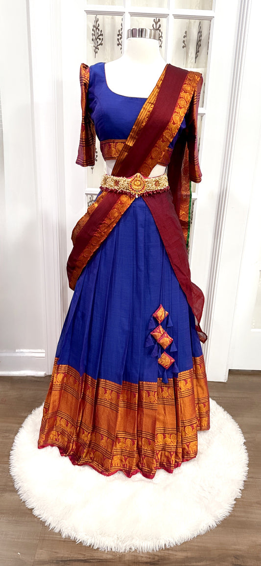Traditional  Royal blue/maroon pure Narayanpet cotton teens half saree/langa voni