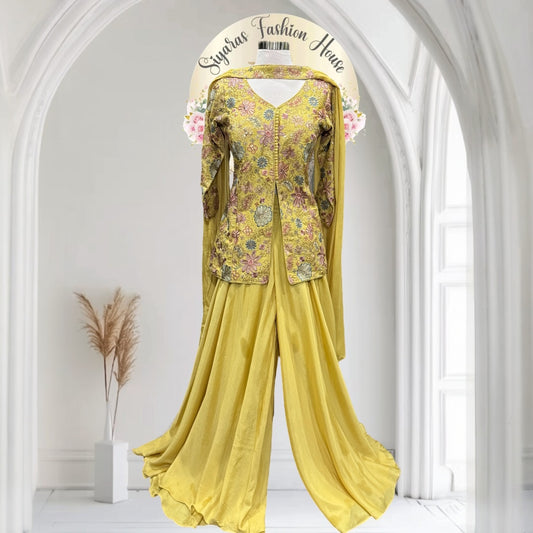 Sunshine vibes in this Yellow Floral Embroidered Short Top & Palazzo Set. Available in size 42 ( XL)