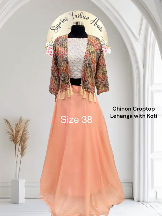 Elegant Chinon Croptop Lehanga with Koti/Jacket