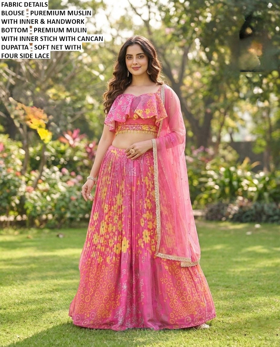 Beautiful Muslin Crop top pink hues with sequence work blouse and crush floral pattern Lehanga size 38