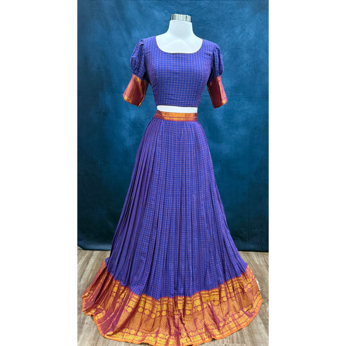 Traditional customized narayanpet cotton half saree , langa voni brinjal Color with zari border size  38 to 42