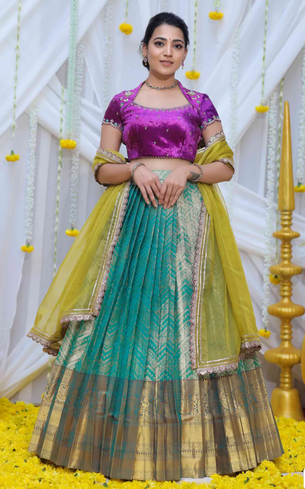 Stunning Velvet Banarasi Half saree Pattu langa voni with maggam work blouse for teens/adults wedding/Half saree function Grand Partywear dress Free ship USA