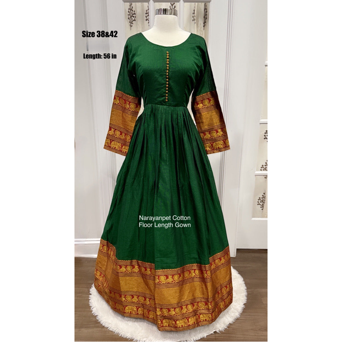 😍Beautiful Green color Narayanpet traditional gown in. Fits size 38, 40 and 42😍