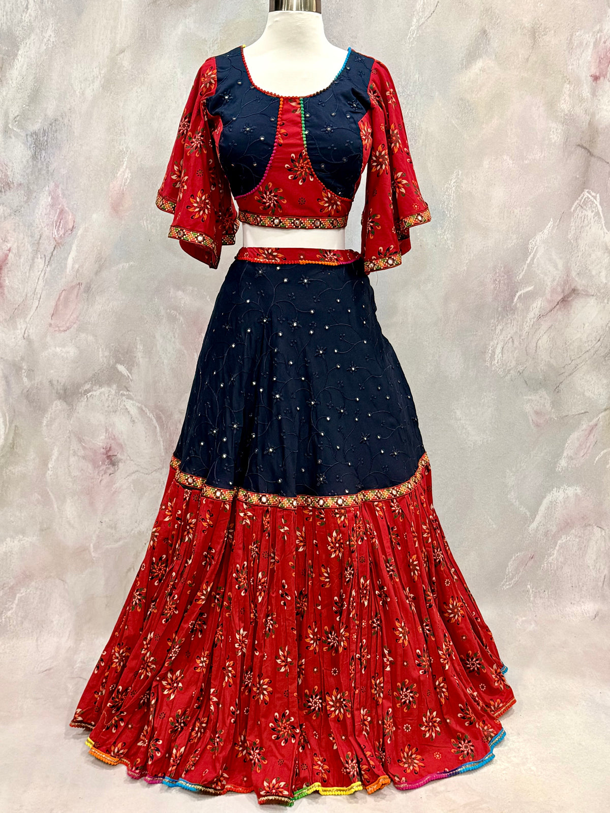 Stunning Beautiful cotton chaniya choli red and navy blue combo. Available in size 38/40/42.