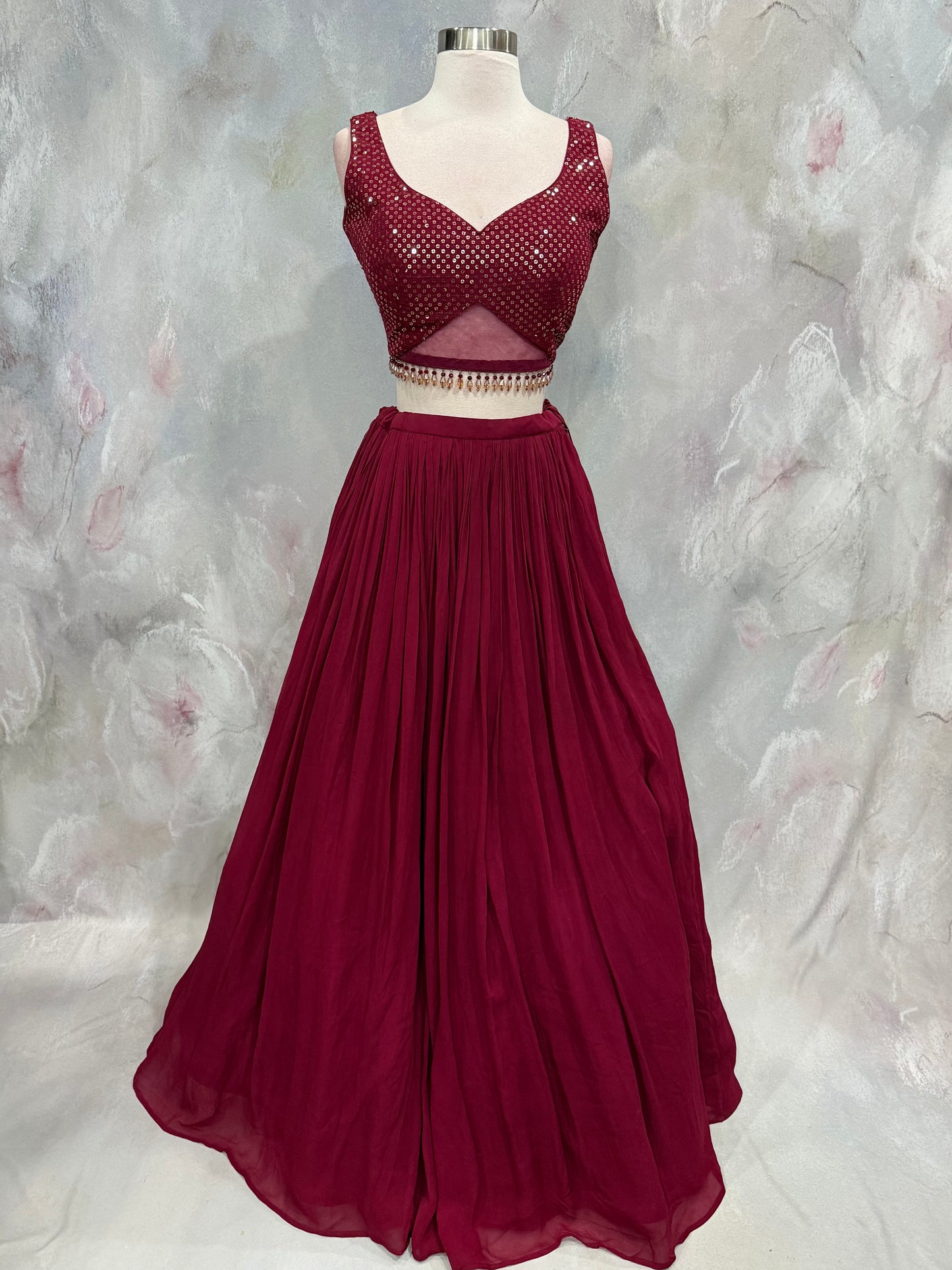 Wine-Hued Glamour Indowestern Croptop Georgette  Lehanga with Ruffle organza dupatta size 36/38 stylish blouse bead embellishments