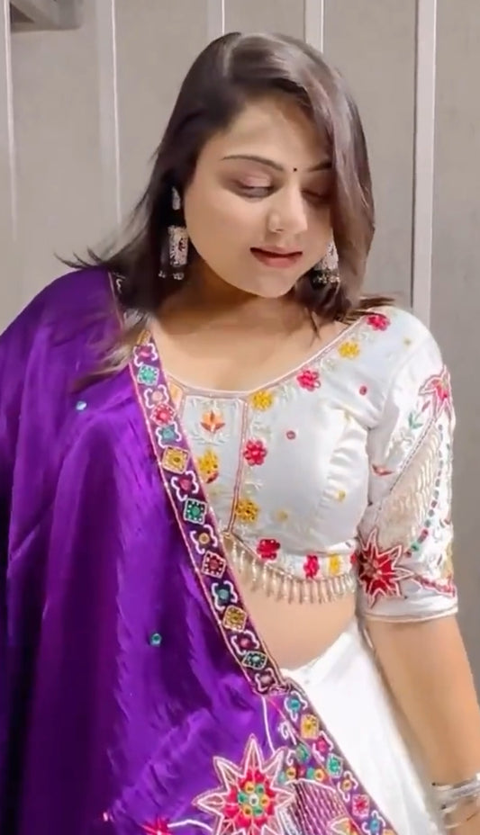 Clearance saleElegant White & Purple Chaniya Choli - Chinon Fabric with Heavy Embroidery  Sequins - Navratri Special - Sizes M (38)