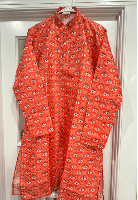 Mens Silk Orange/red combo sequins patola Kurta with white Pyjama 2 pc set embroidery on top  Partywear dress, wedding dress. Size 38 / 40 and 44 available.