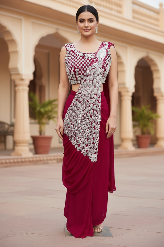 Elegant Pink Indowestern Drape style Lehanga with work top in Georgette fabric easy to wear wedding Partywear dress size 36