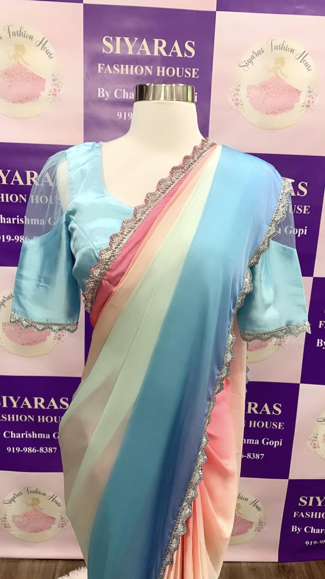 Attractive Multi color Alia Bhatt inspired Satin saree with designer blouse in pastel shades| Stitched Designer blouse| size 36-40 Partywear (Copy)