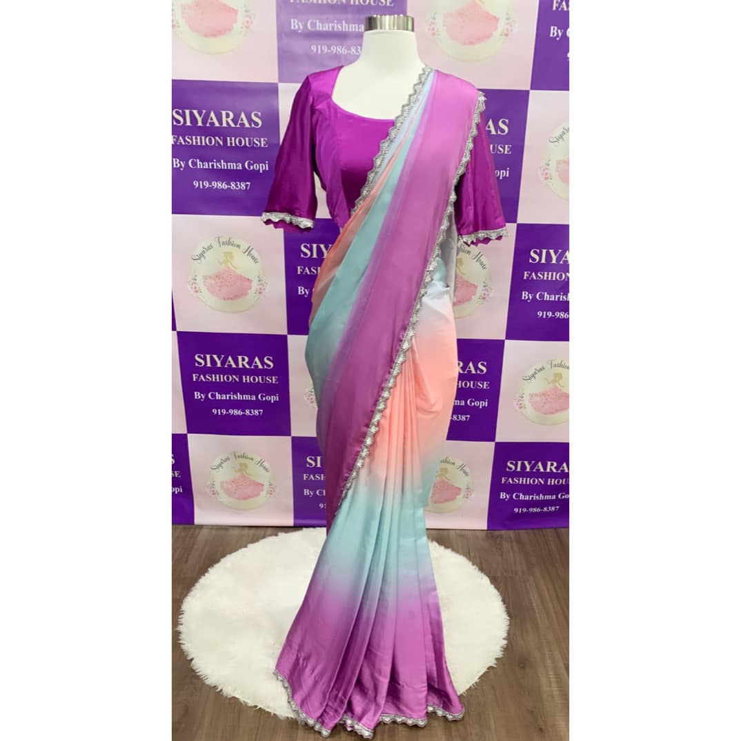 Attractive Multi color Alia Bhatt inspired Satin saree with designer blouse in pastel shades| Stitched Designer blouse| size 36-40 Partywear