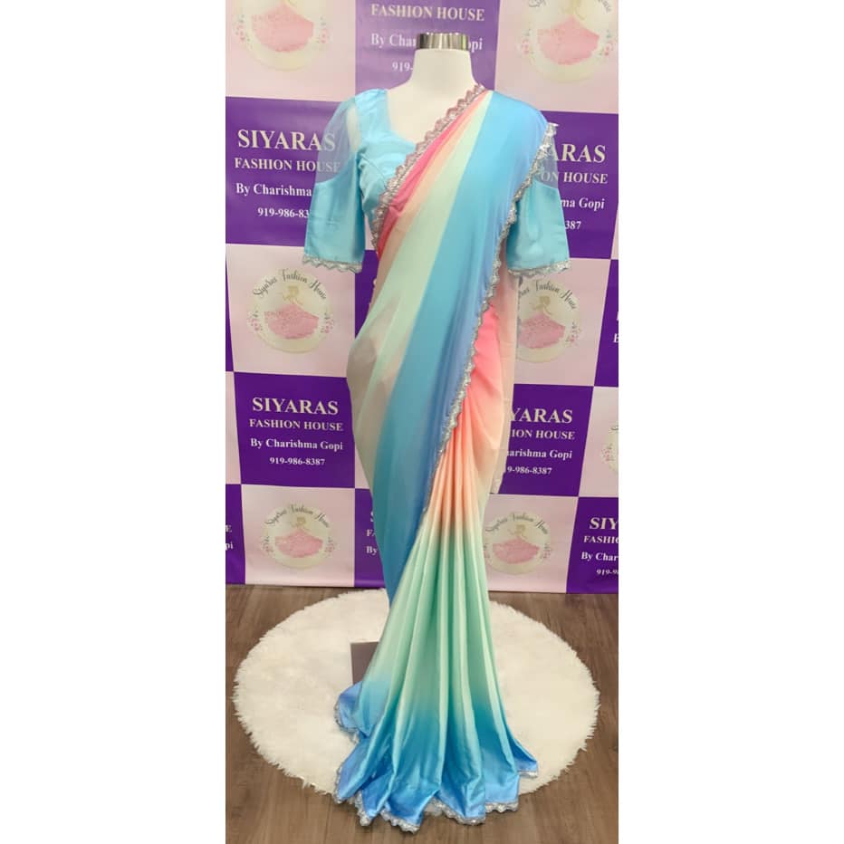 Attractive Multi color Alia Bhatt inspired Satin saree with designer blouse in pastel shades| Stitched Designer blouse| size 36-40 Partywear (Copy)