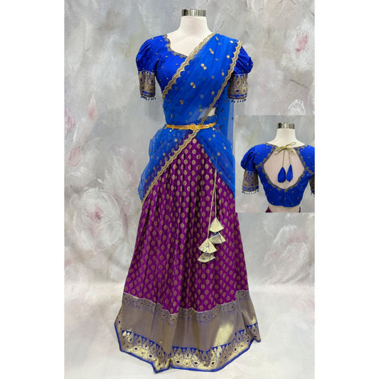 Beautiful Customized Banarasi silk half sarees in magenta purple and blue  hues Maggam work blouses and bead embellishments size 38 to 42