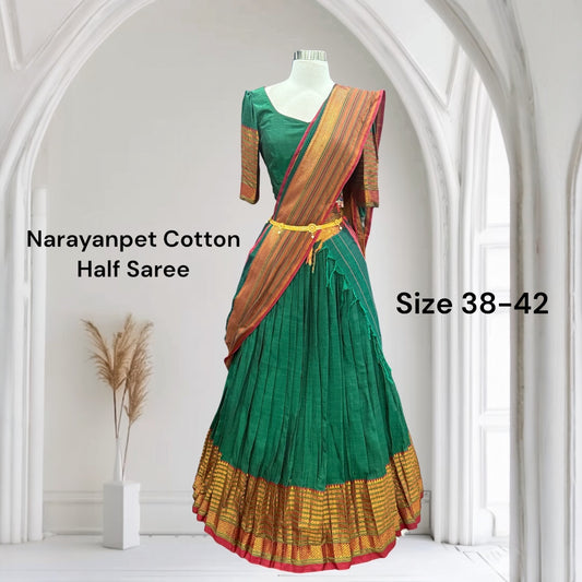 Traditional customized narayanpet cotton half saree , langa voni greed and red color combo size 38 to 42