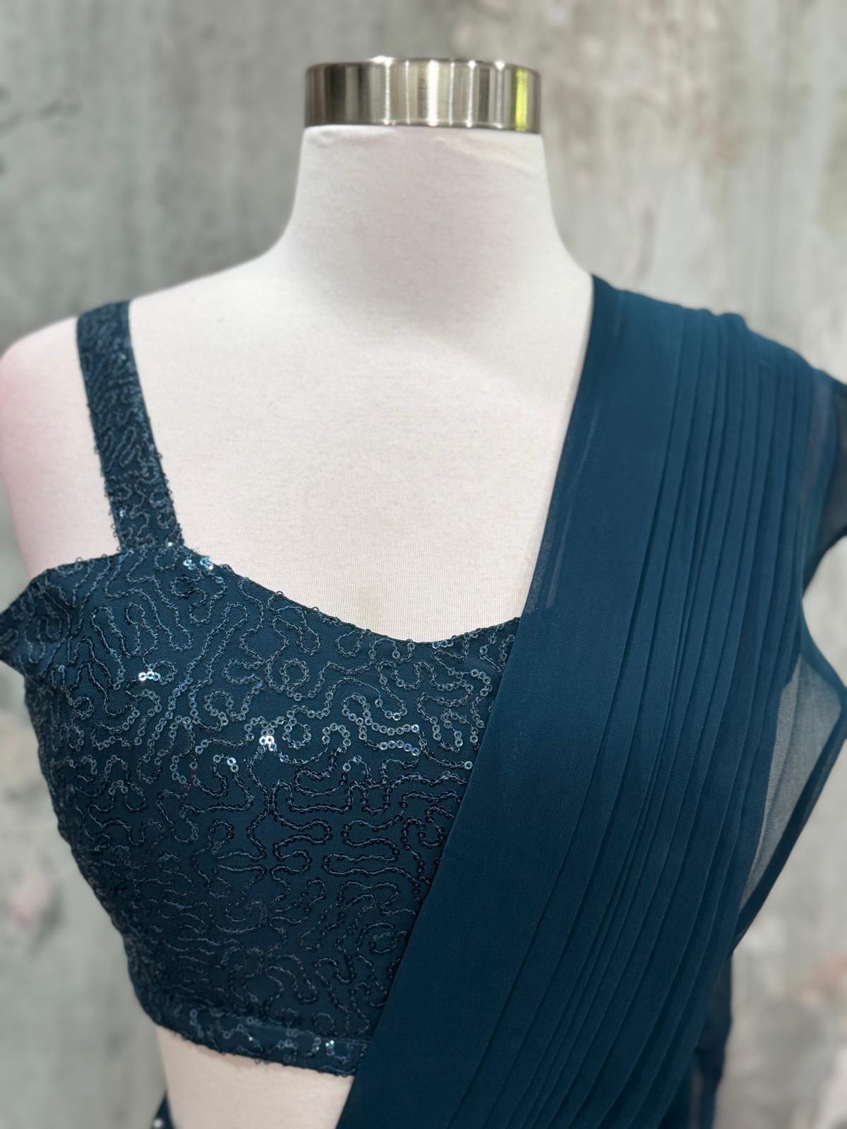 Beautiful Drape style lehenga in teal blue color. Available in size 34/36.