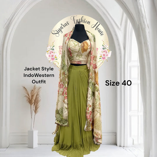 Chic Jacket style IndoWestern croptop Lehanga Mehendi green color size 40 Parywear Wedding outfit Trendy dress| Cocktail|mehendi|Rdy to ship