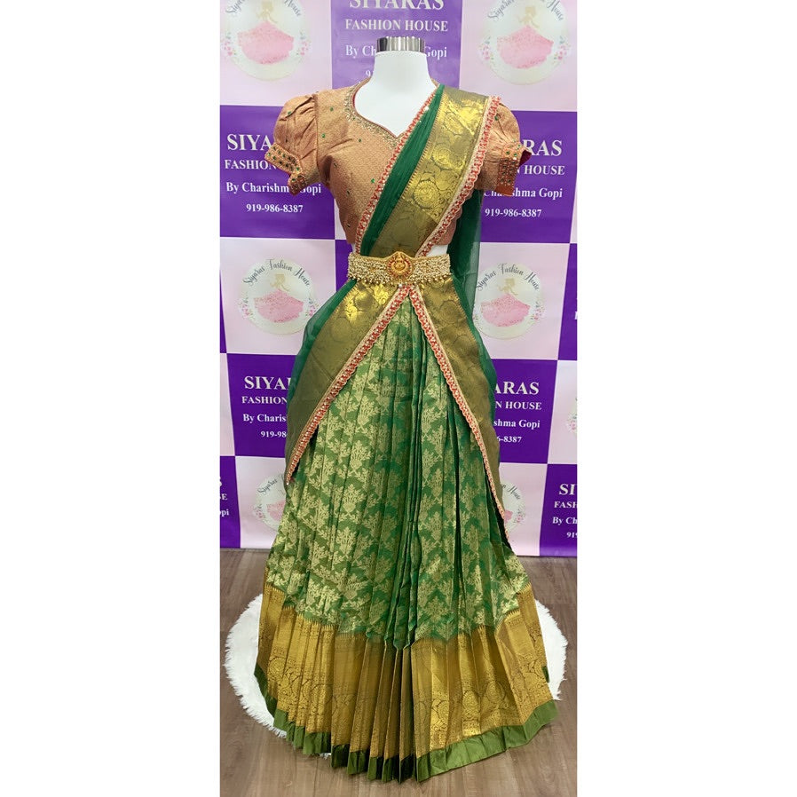 Gorgeous Teens Pattu Langa Voni peach and Green  Half saree with  elegant maggam work blouse Partywear wedding dress in stock med