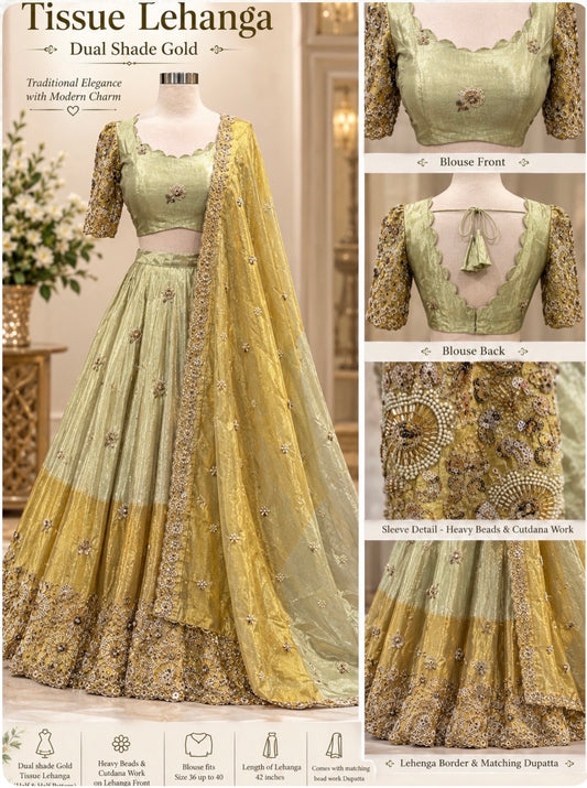 ✨ Latest Drop. Customized Tissue Lehenga ✨
💛 Dual-Shade Gold | Half & Half Pattern 💛
🌟 Luxurious tissue fabric with an elegant two-tone gold look
💎 Heavy Beads & Cutdana Work beautifully embellished on it. Size 38 to 40.
