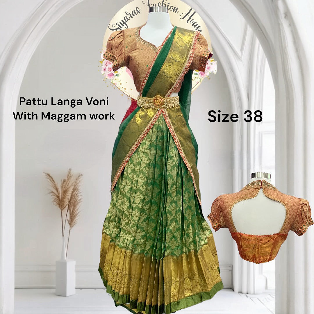 Gorgeous Teens Pattu Langa Voni peach and Green  Half saree with  elegant maggam work blouse Partywear wedding dress in stock med