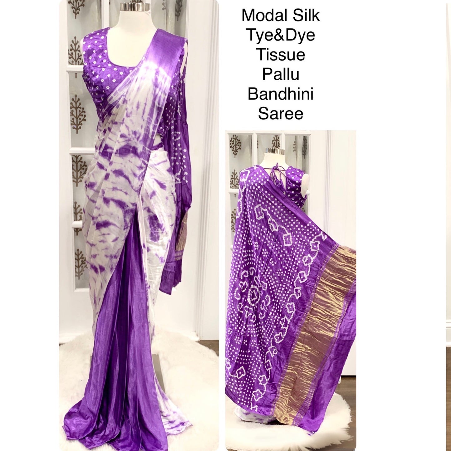 Gorgeous purple Hand made hand dyed Tissue Pallu Bandhini Saree  Modal Silk fabric with sleeves attached inside