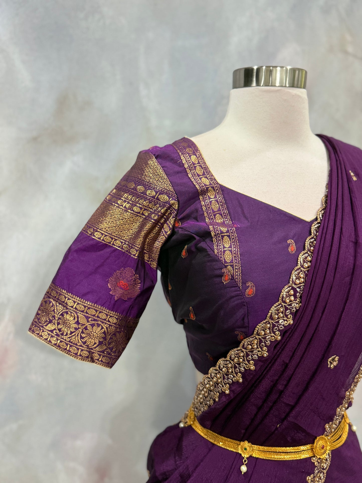 Customized traditional Gadwal half saree adorned with a stylish blouse and matching  cut work  dupatta size fits 36 to 42