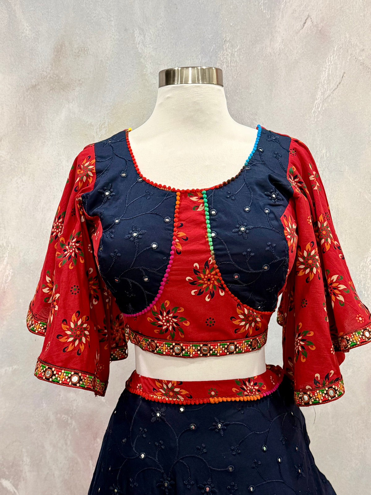 Stunning Beautiful cotton chaniya choli red and navy blue combo. Available in size 38/40/42.