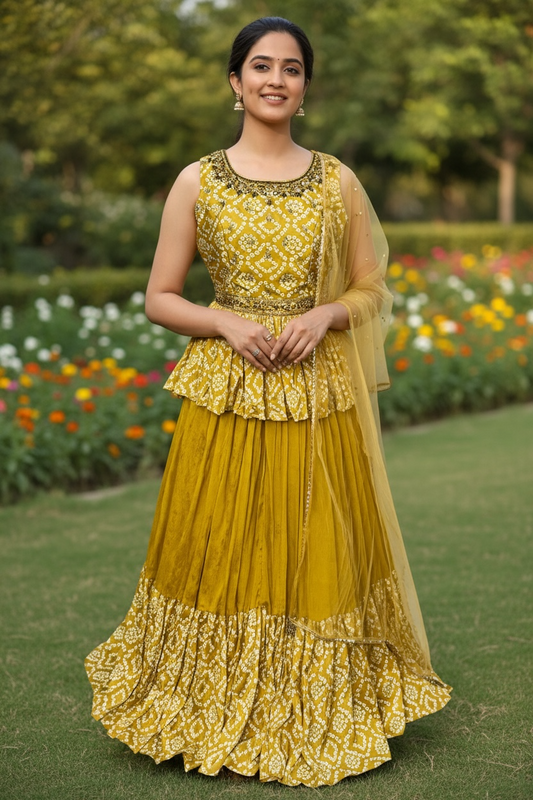 Bandhini Peplum Lehenga Set – Mustard Yellow Chinon | Size 36 | Ready to Ship