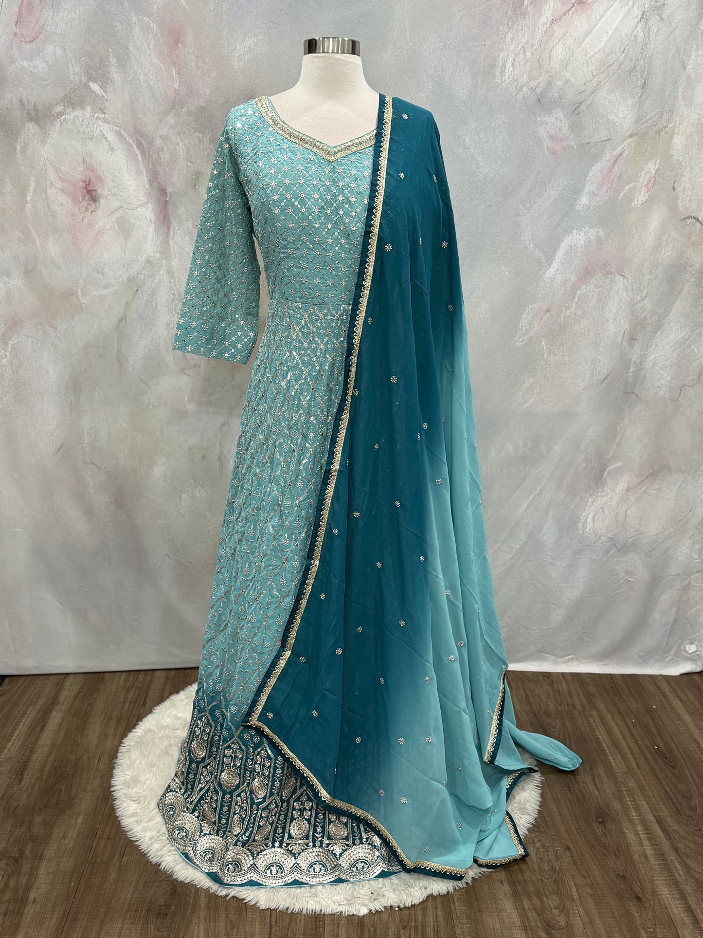 Beautiful Ombre Sea Blue Anarkali Gown | Partywear wedding| premium quality  Georgette, Zari Mirror Sequin Work, size : xxl 44 ready to ship in USA