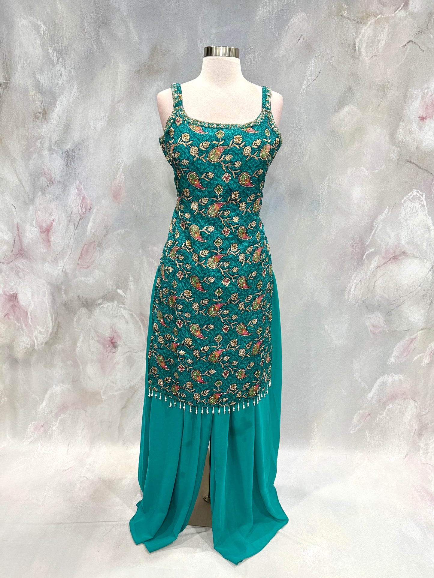 Beautiful Teal green Palazzo set Partywear dress silk top Georgette pant and dupatta ready to ship size 38   wedding guest outfit