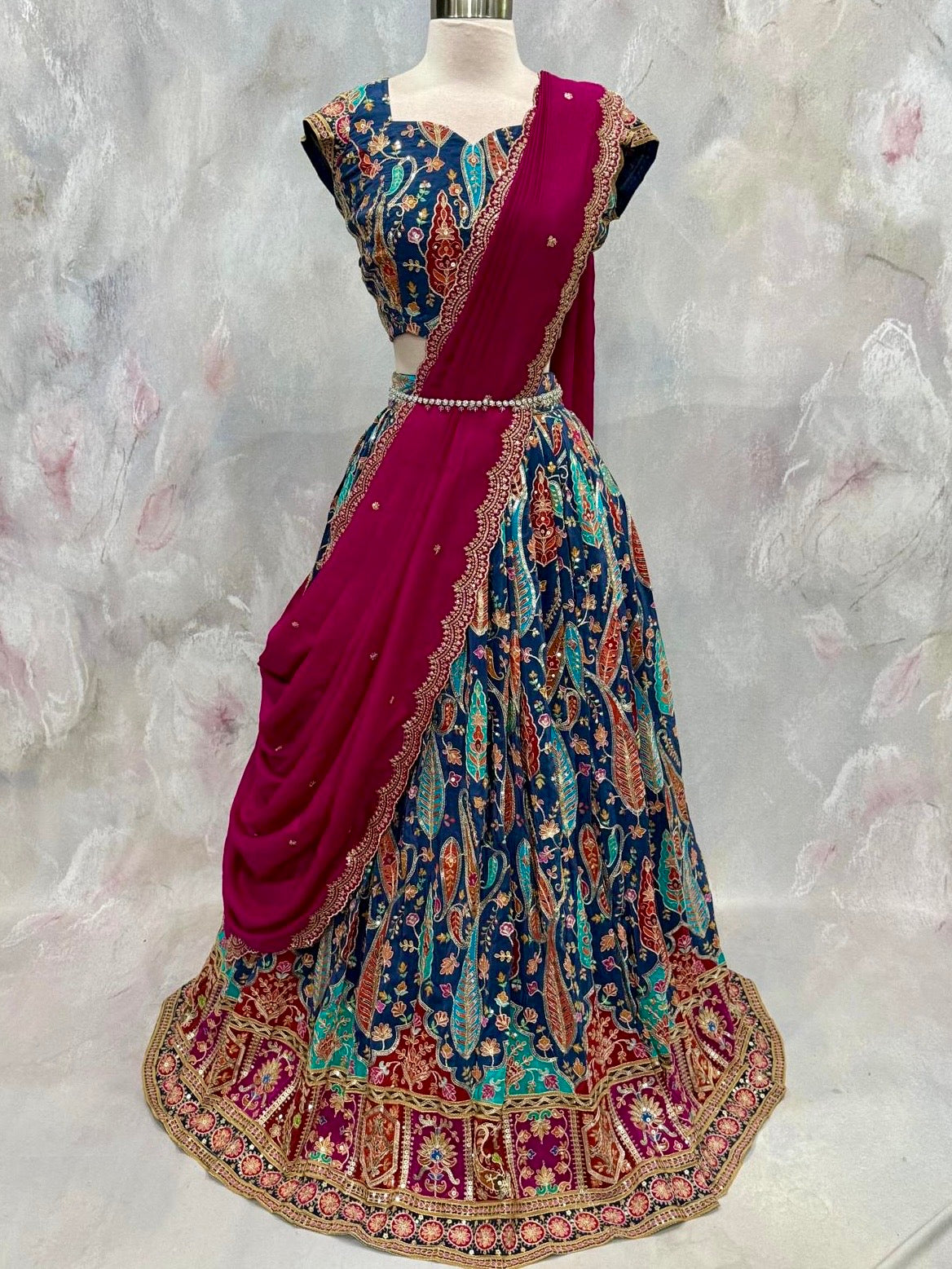 Beautiful Customized Position Print Designer Lehenga. Perfect for weddings. Available in chest size 40 to 46. Skirt waist 32 to 34.