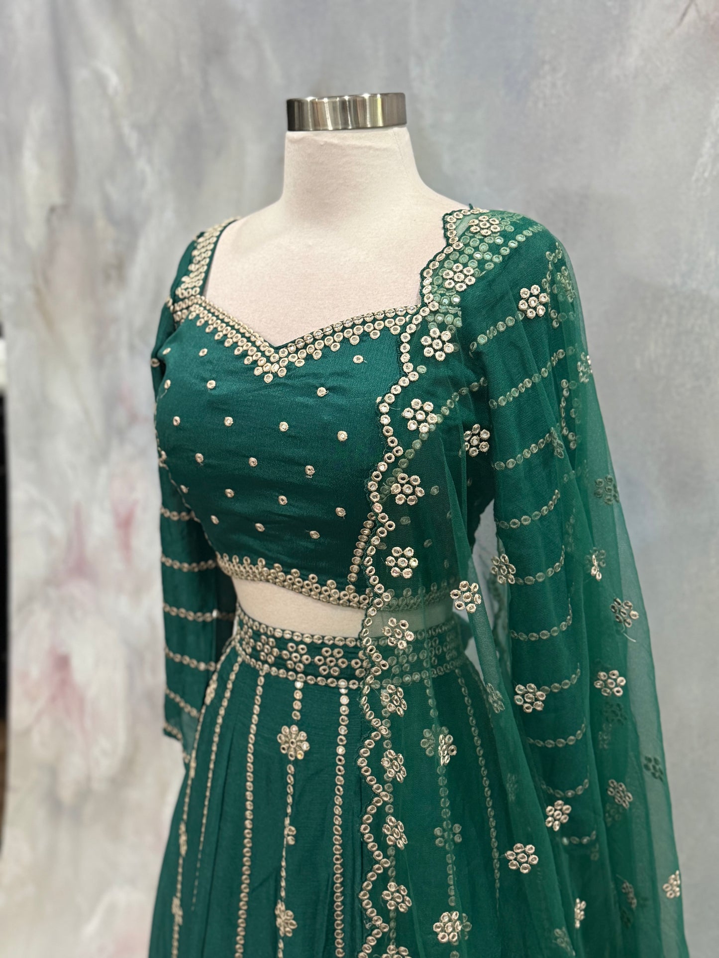 Elegant Green Silk Lehenga Choli – Mehendi & Wedding Partywear | Fully Stitched | Size 38 | Ready to Ship USA
